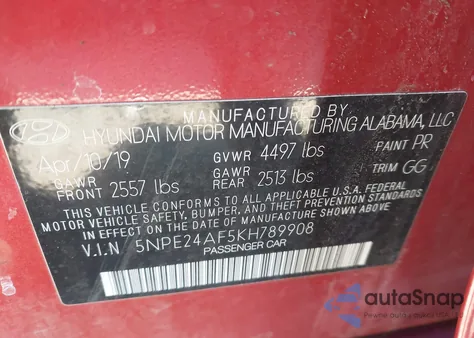 2019 Hyundai Sonata Se из США, поврежденный, VIN 5NPE24AF5KH789908